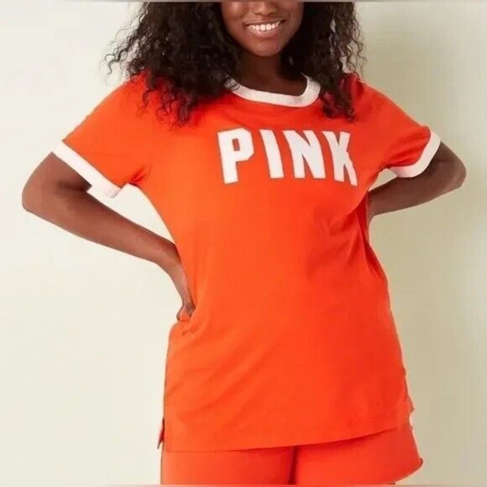 VICTORIA'S SECRET PINK ORANGE CAMPUS RINGER T-SHIRT~NWT~XS~$32.95